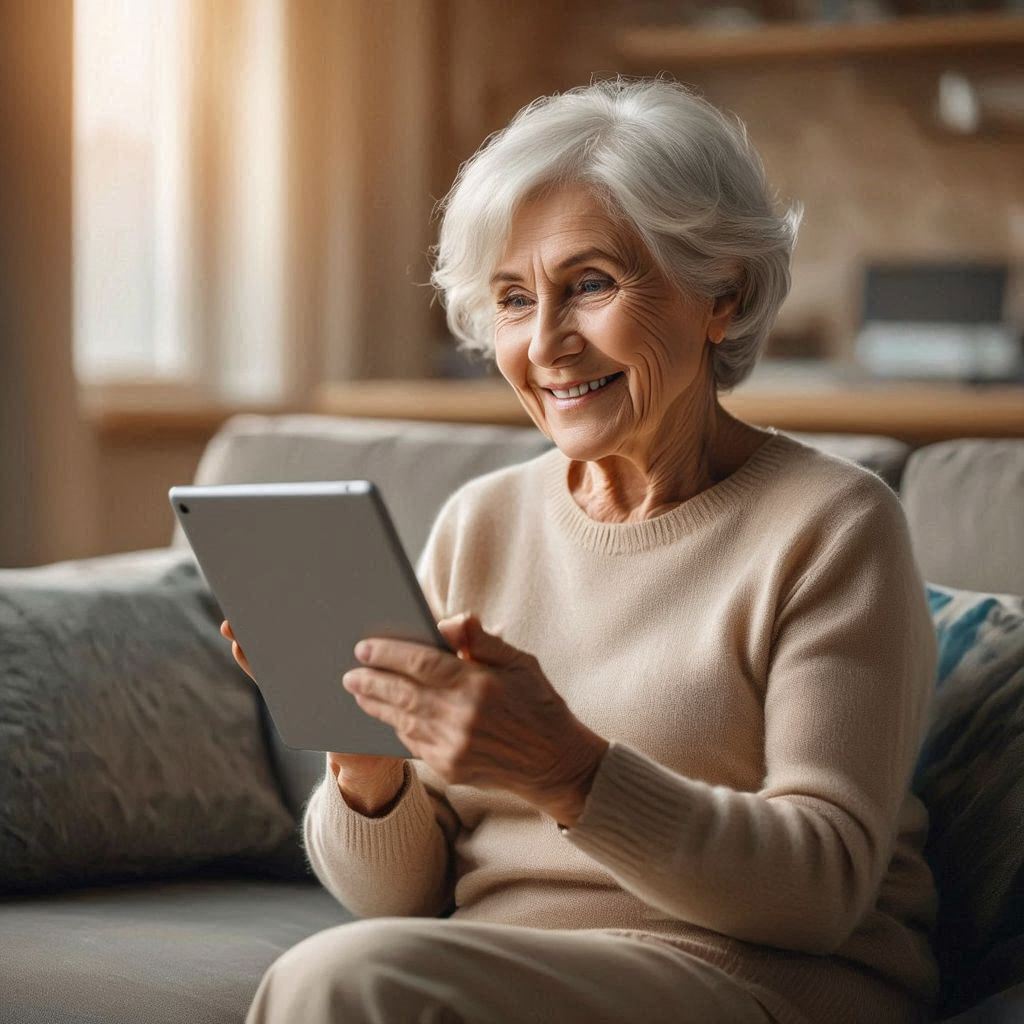 Happy senior using tablet